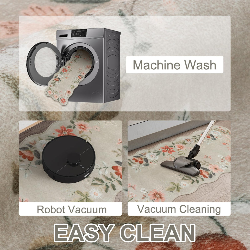 LEEVAN Washable Kitchen Rugs Sets of 2,Non Slip Soft Modern Floral Rugs for Kitchen Floor, Boho Tan Indoor Kitchen Rug for Laundry,Bathroom,Office(20''x31''+20''x47'')