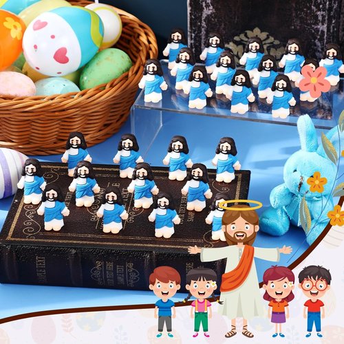 Bememo Mini Jesus Figurines - 25 Pcs Original Design Rubber Figures for Religious Gifts & Easter Egg Filling | Blue