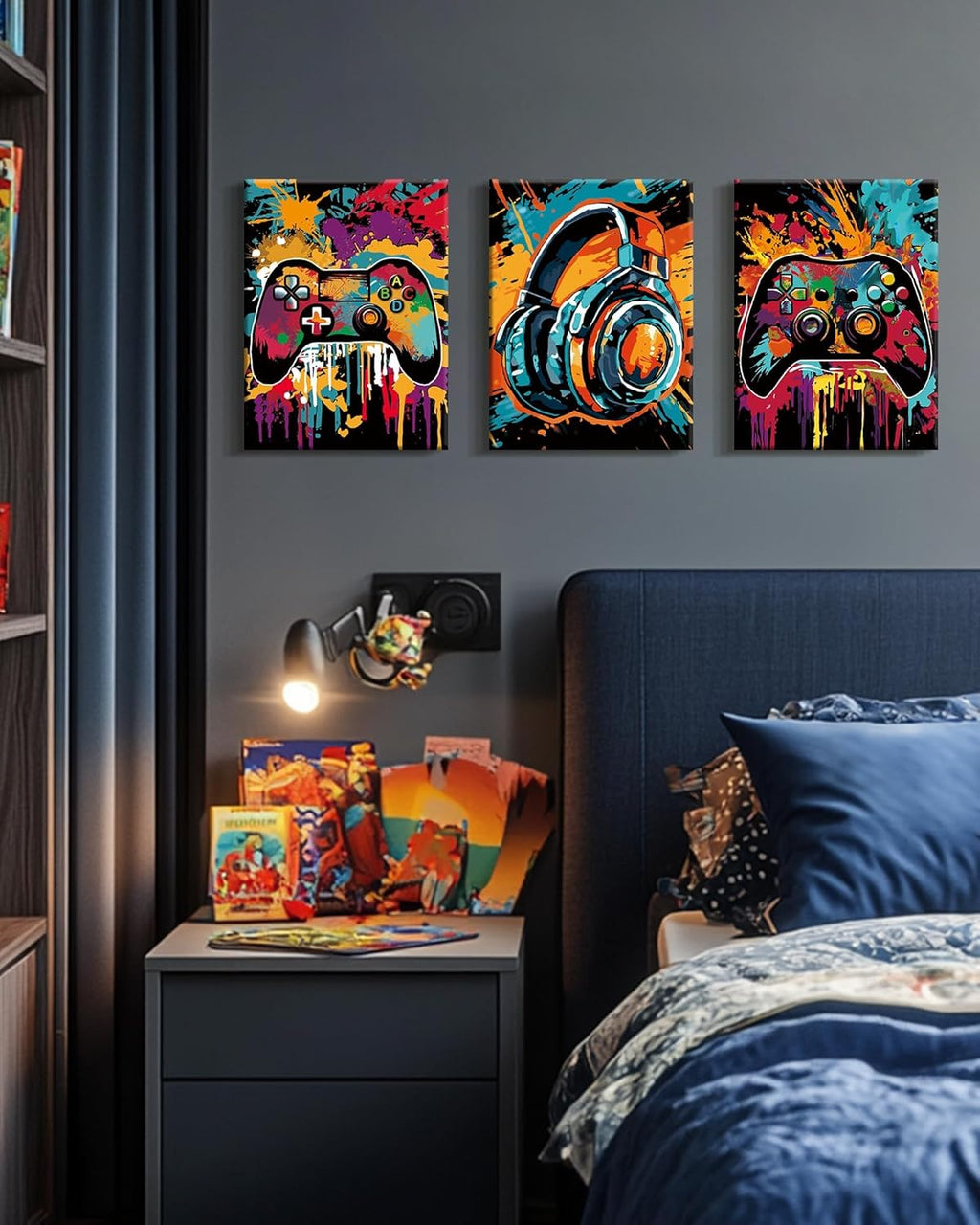 PHOPAGO Gaming Wall Art - Cool Watercolor Graffiti Gamepad Prints | 12x16in, Set of 3 for Teen Boys