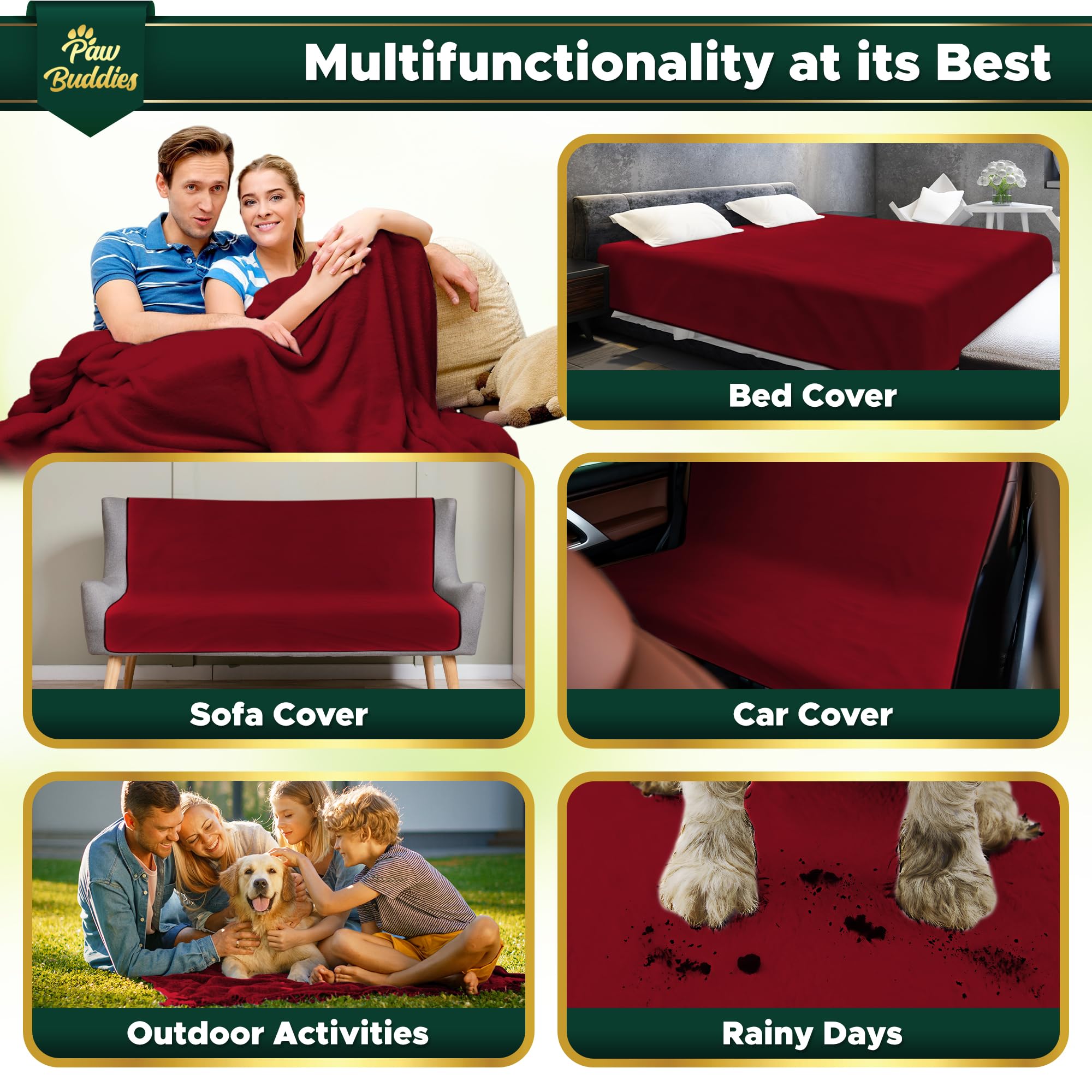 Paw Buddies Premium Waterproof Blanket 80"x90" Velvet-Feel Reversible Throw – Leakproof, Machine Washable Bed & Sofa King Size Protector for Couples, Pets & Travel + Bonus Small Blanket