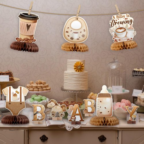 ANGOLIO 12 Pieces Coffee Baby Shower Party Honeycomb Centerpieces Coffee Latte Centerpieces Baby Is Brewing Honeycomb Party Decorations 3D Photo Prop for Gender Reveal Party