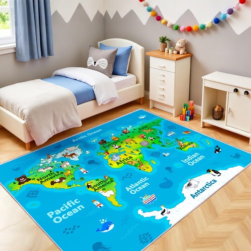 OHDS Kids Playroom Rug, 4x5ft World Map Play Mat with Cute Animals, Washable Durable Soft Carpet Kid Educational Rugs for Boys Girls Bedroom Nursery Classroom