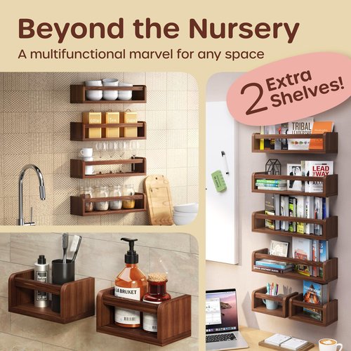 HOMEY PANDA Wall-Mounted Nursery Bookshelves - 4 Long + 2 Mini Shelves, Kids Room Storage (Walnut Pine Wood)
