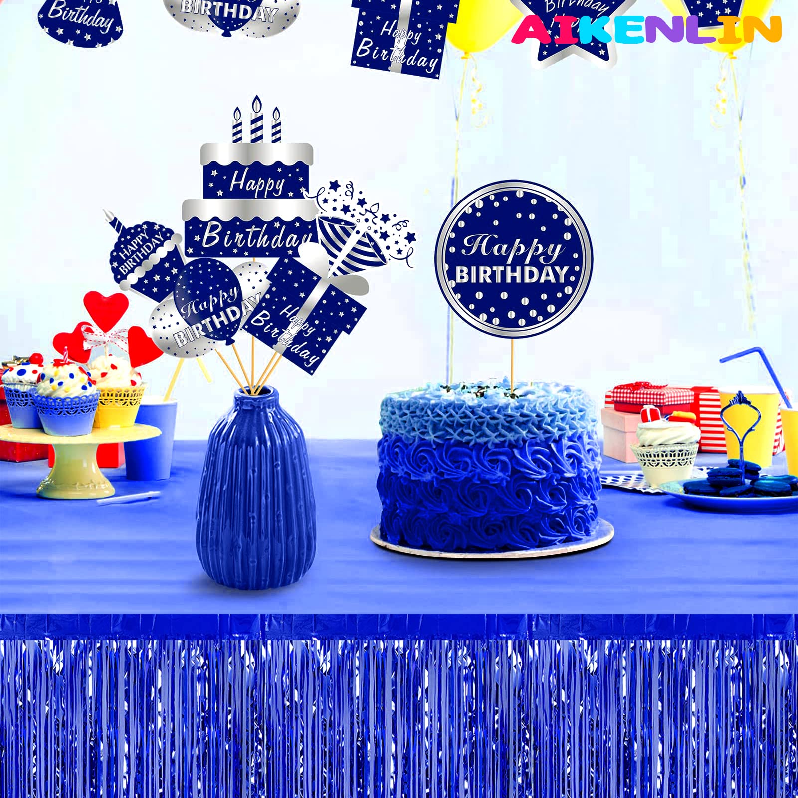 6 Pack 29x108 Inch Metallic Foil Fringe Tinsel Table Skirts Banner for Rectangle Tables Streamer Garland Curtains Backdrop for Wedding, Birthday, Parade Floats, Christmas Party Decoration(Blue)
