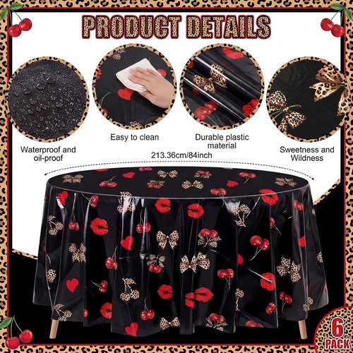 Ganeen 6 Pcs Cheetah Cherry Plastic Tablecloths - 84 Inch Round, Waterproof & Disposable for Parties