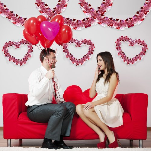 50FT Valentines Day Decor Red Pink White Heart Tinsel Garland Valentines Decorations Garland for Tree Party Classroom Fireplace Home, Galentines Day Decor Indoor Outdoor Romantic Party Decor