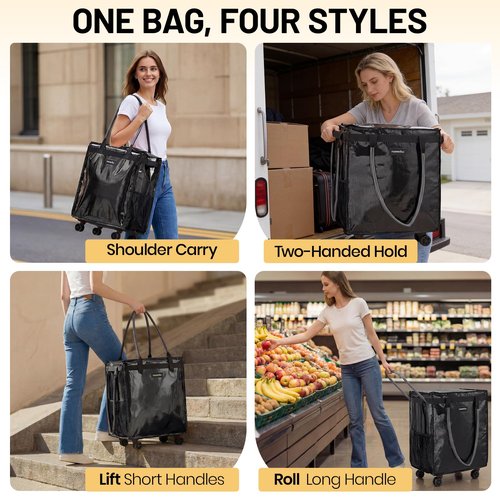 (Large) Fanwoli Reusable Grocery Bag On Wheels with Washable Liner | Wrinkle-Resistant Fabric | Enhanced Stability Wheels & Extended Handle | Foldable Shopping Trolley for Laundry, Carries Up to 130L