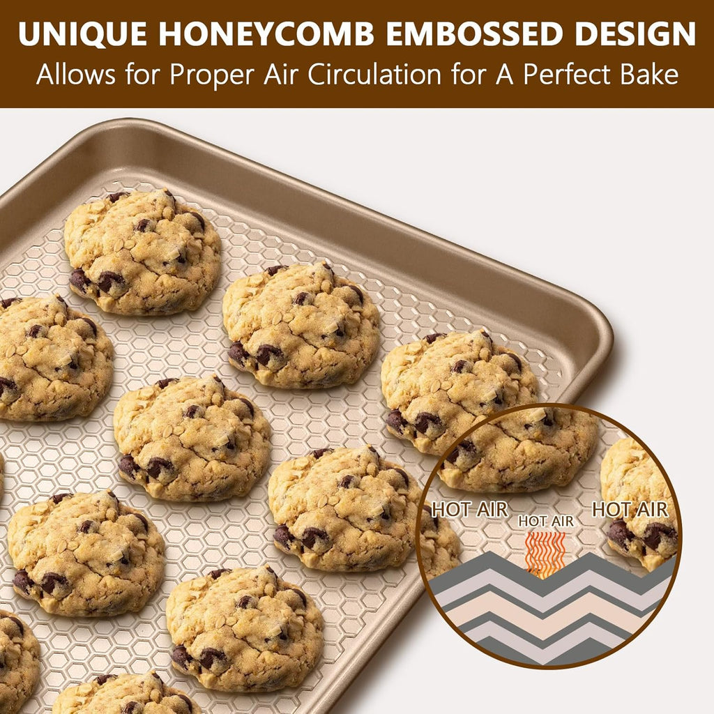 Wildone Baking Sheet Pan Set - Nonstick Honeycomb Embossed 15x10 Inch Cookie Sheets | Champagne Gold, 2 Pack
