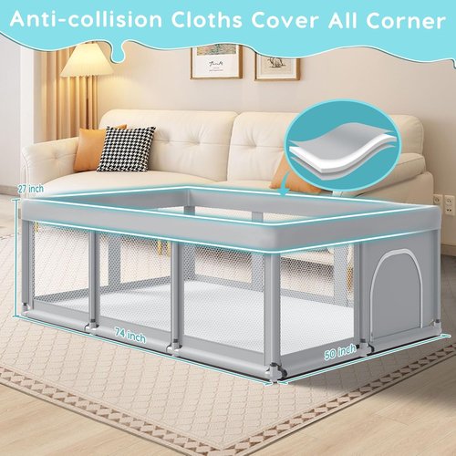 Fshibila Large Baby Playpen - Sturdy Indoor/Outdoor Playard with Soft Mesh | 74" x 50" - Grey