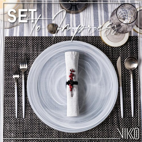 Vikko Charger Plates, Set of 6 White Alabaster Dinner Plates, 13" Plate with Marbelized, Swirl Design, Elegant Glass Charger, Dishwasher Safe