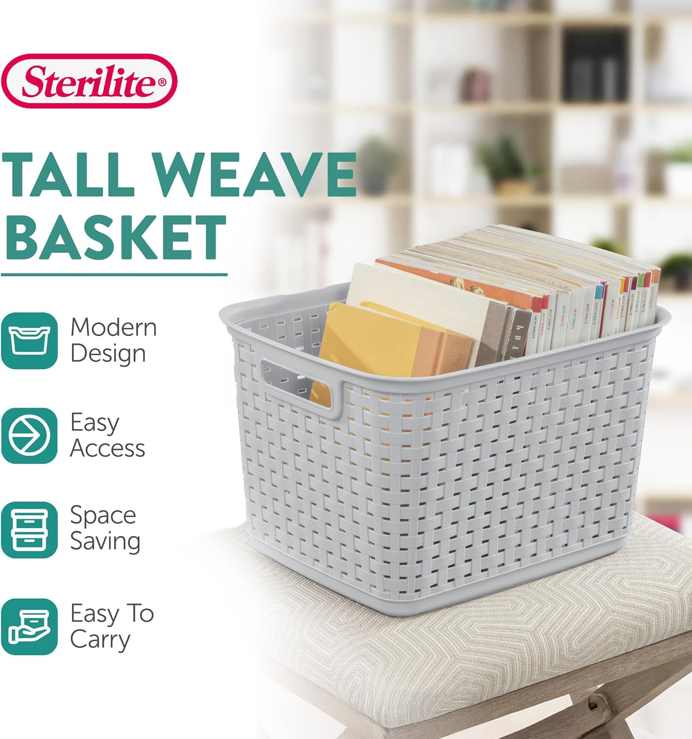 Sterilite Tall Weave Storage Baskets - 6-Pack Woven Plastic Organizers in Cement Gray for Home & Dorm Use