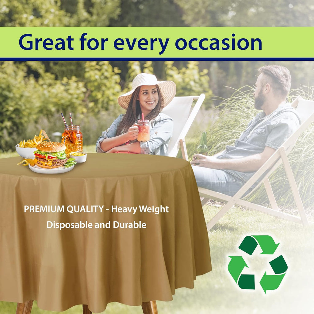 Party Dimensions Gold Disposable Plastic Tablecloths - 84-Inch Round Table Covers | 12 Pack for Events & Weddings