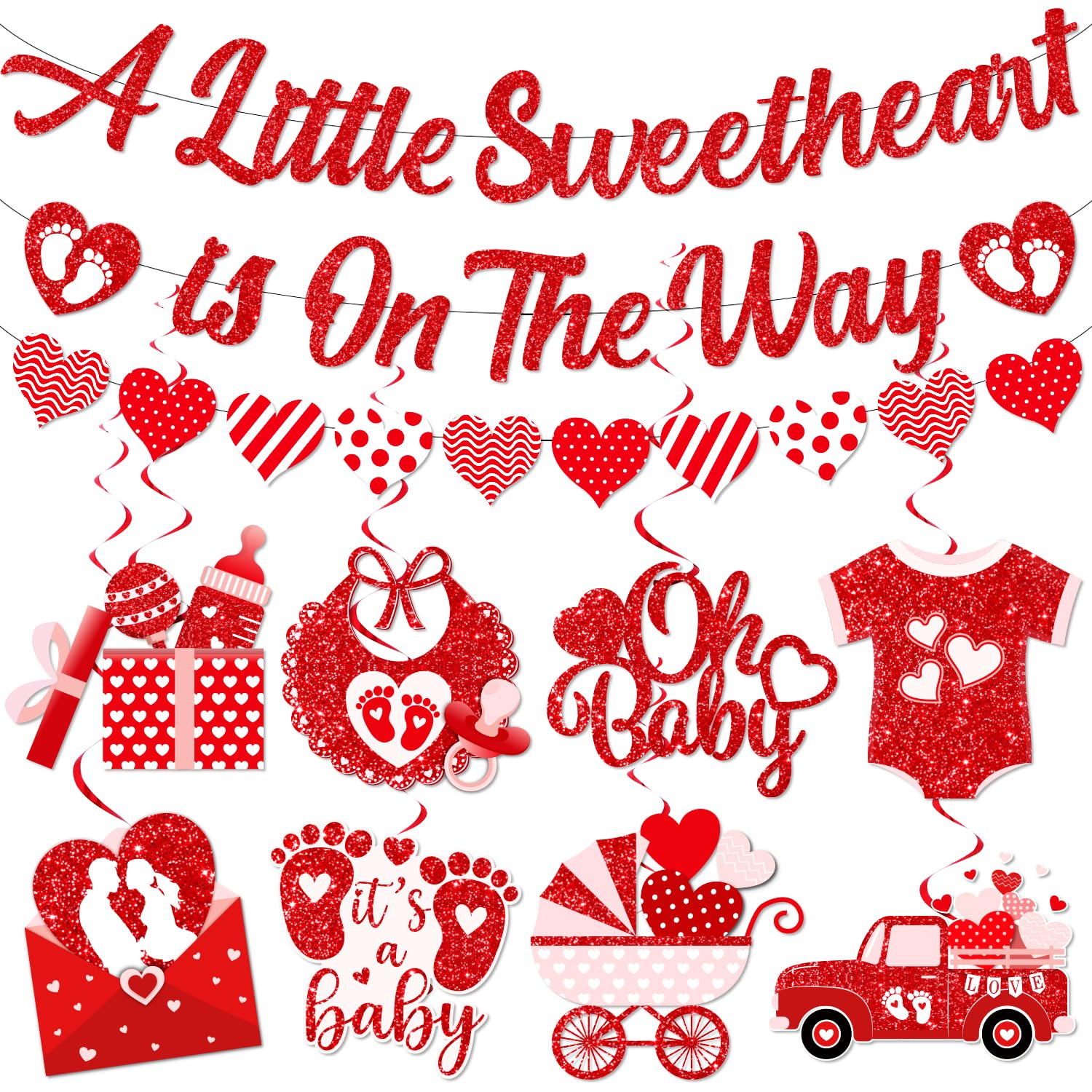Valentines Baby Shower Decorations, A Little Sweetheart Is On The Way Banner and Red Baby Shower Decorations Hanging Swirls, Sweetheart Decorations for Valentines Day Baby Shower Party