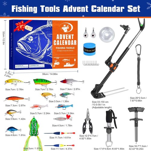 Fishing Advent Calendar 2025 - 24-Day Tackle Set with Rod Holder & Fish Lip Gripper | Perfect Gift for Men