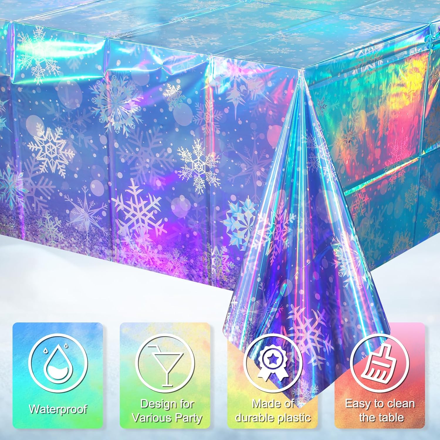Skiennix Iridescent Snowflake Tablecloth - Holographic Blue & Purple | 54x108 Inch Disposable Cover