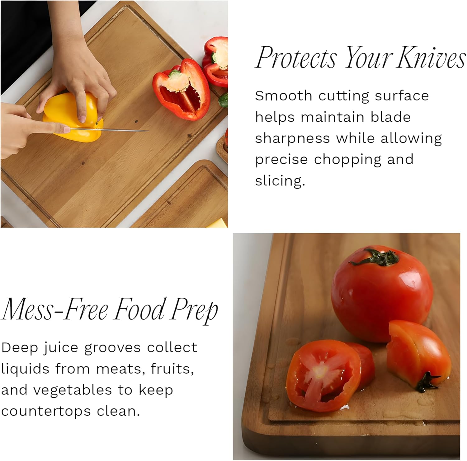 Sango Acacia Cutting Board Set - 3-Piece Wood Chopping Boards with Juice Grooves & Stand | Non-Toxic, Stackable & Reversible