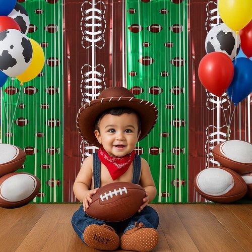 Boao 2 Pack Football Party Decorations 3.3x6.6 ft Shiny Tinsel Backdrop Green and Brown Football Tinsel Foil Fringe Curtains Backdrop Photo Props for Sports Rugby Birthday Party Home Decorations