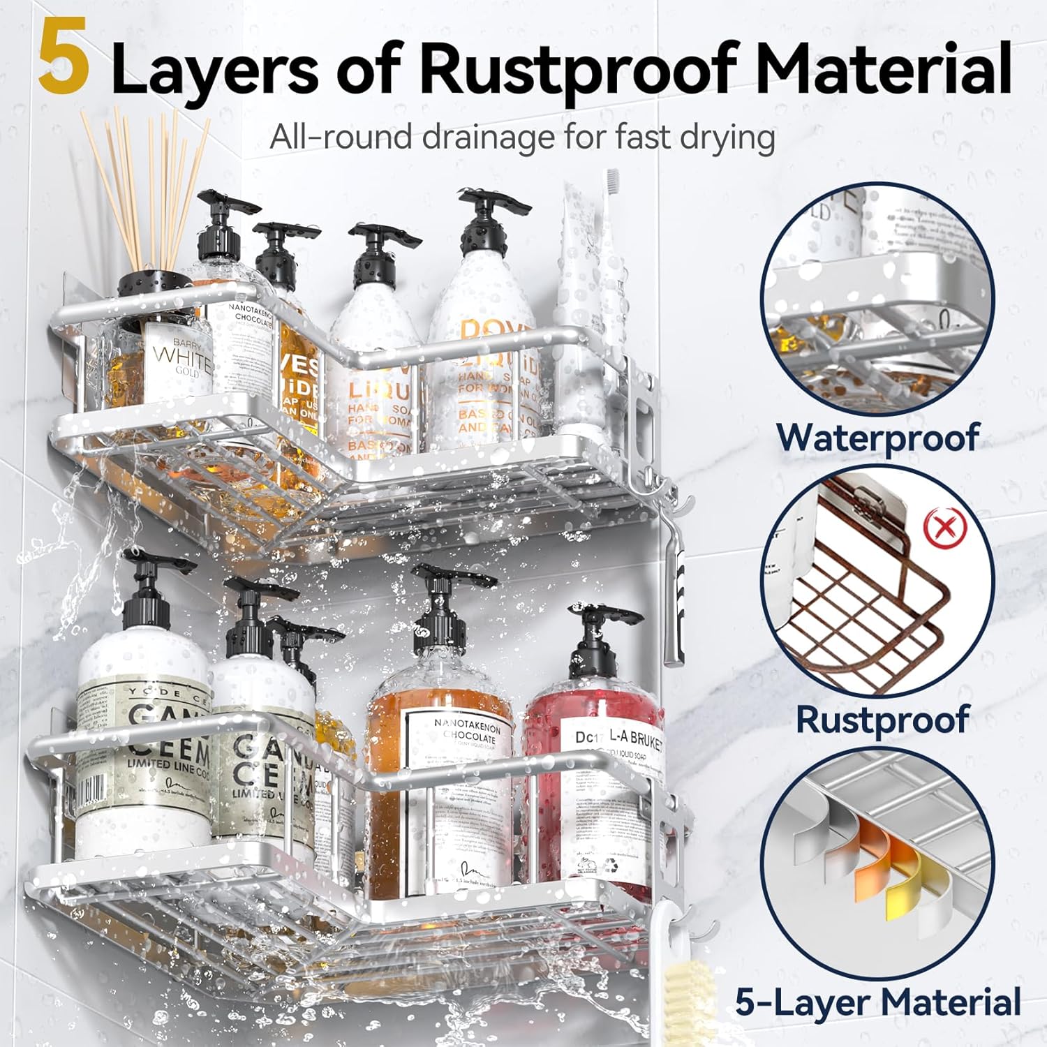 YASONIC Corner Shower Caddy Organizer - Rustproof Self-Adhesive Bath Shelves with Soap Holder & 4 Hooks | Large Capacity, Silver (3-Pack)