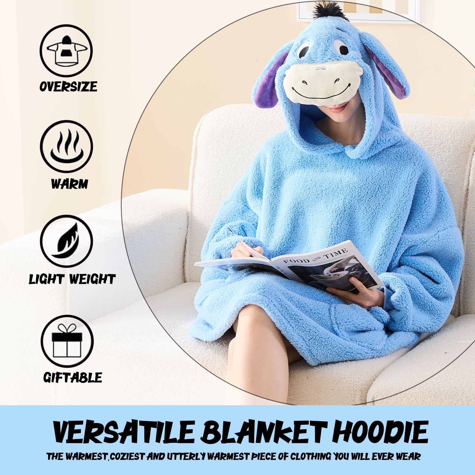 NEWCOSPLAY Wearable Blanket Hoodie Sherpa Hoodie Blanket for Women Men Warm Oversized Sweatshirt with Pockets (Donkey, Adult)