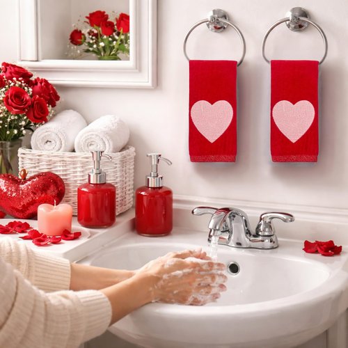 Serafina Home Valentine Bathroom Fingertip Towels - Set of 2 Red, 100% Cotton, Embroidered Stitched Pink Heart Design, 12" x 18" Inches, Decorative Bath Kitchen Hand Towels