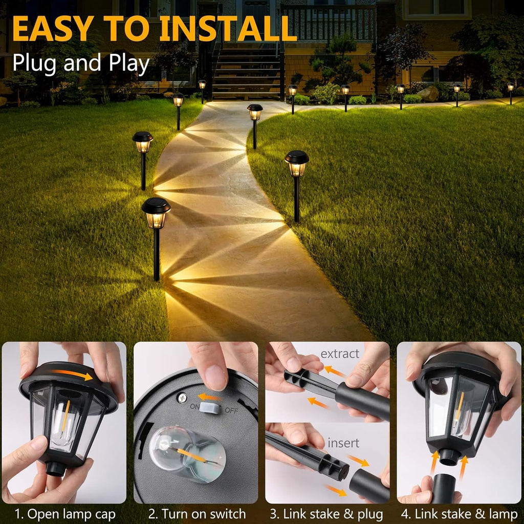 Priddop Solar Pathway Lights - 12 Pack Waterproof Outdoor Lighting | 3000K Warm White Bulbs for Garden & Driveway