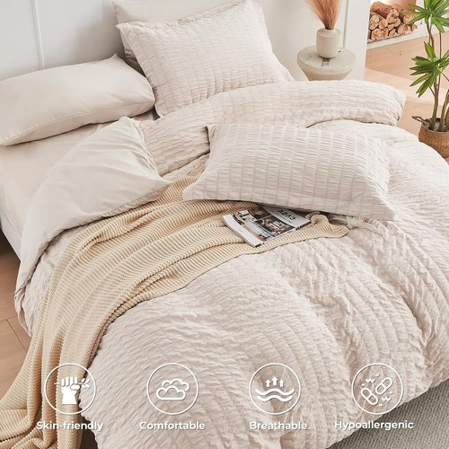 HYMOKEGE King Size Comforter Set - 7-Piece All-Season Luxury Bedding in Beige with Sheets & Pillowcases