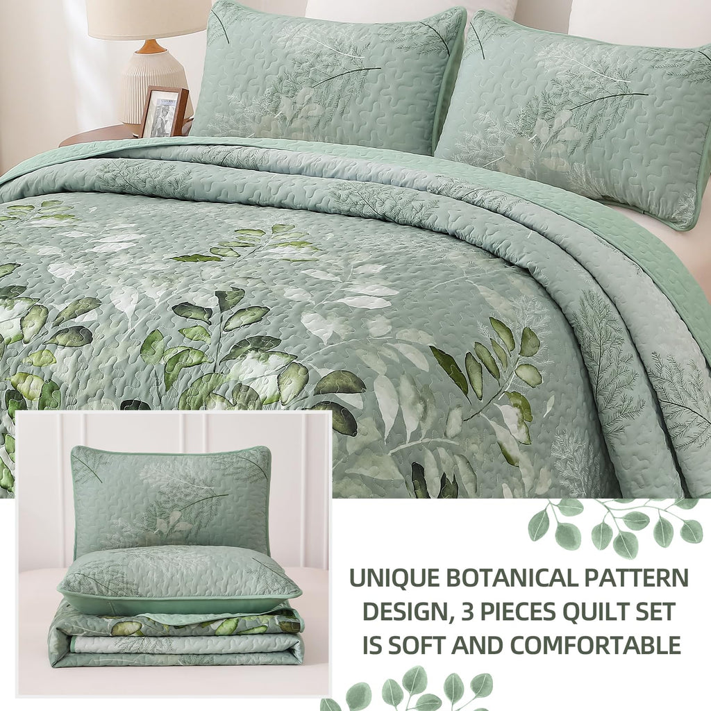 WONGS BEDDING Green Quilt Set King Size,3 Pieces Green Floral Bedspread Coverlet Set, Soft Microfiber Lightweight Floral Bedding Set King 104"×90"