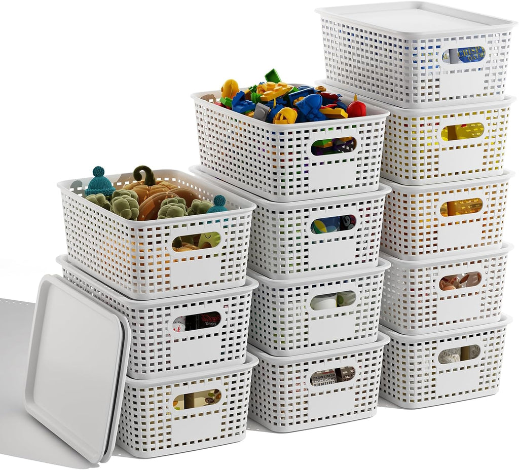 White Plastic Storage Baskets - 12 Pack Stackable Bins with Lids for Organizing | Cute Decorative Storage