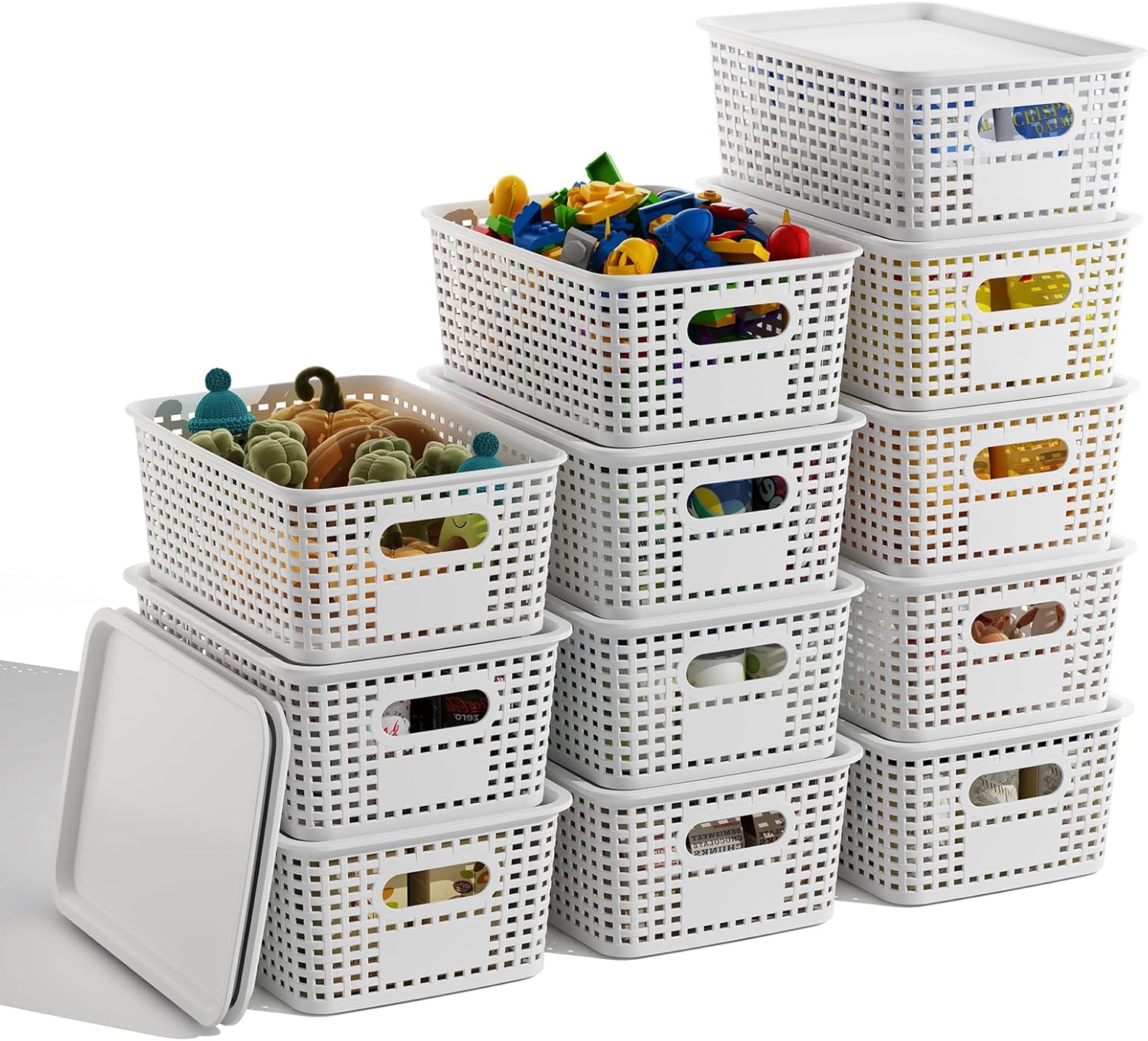 White Plastic Storage Baskets - 12 Pack Stackable Bins with Lids for Organizing | Cute Decorative Storage