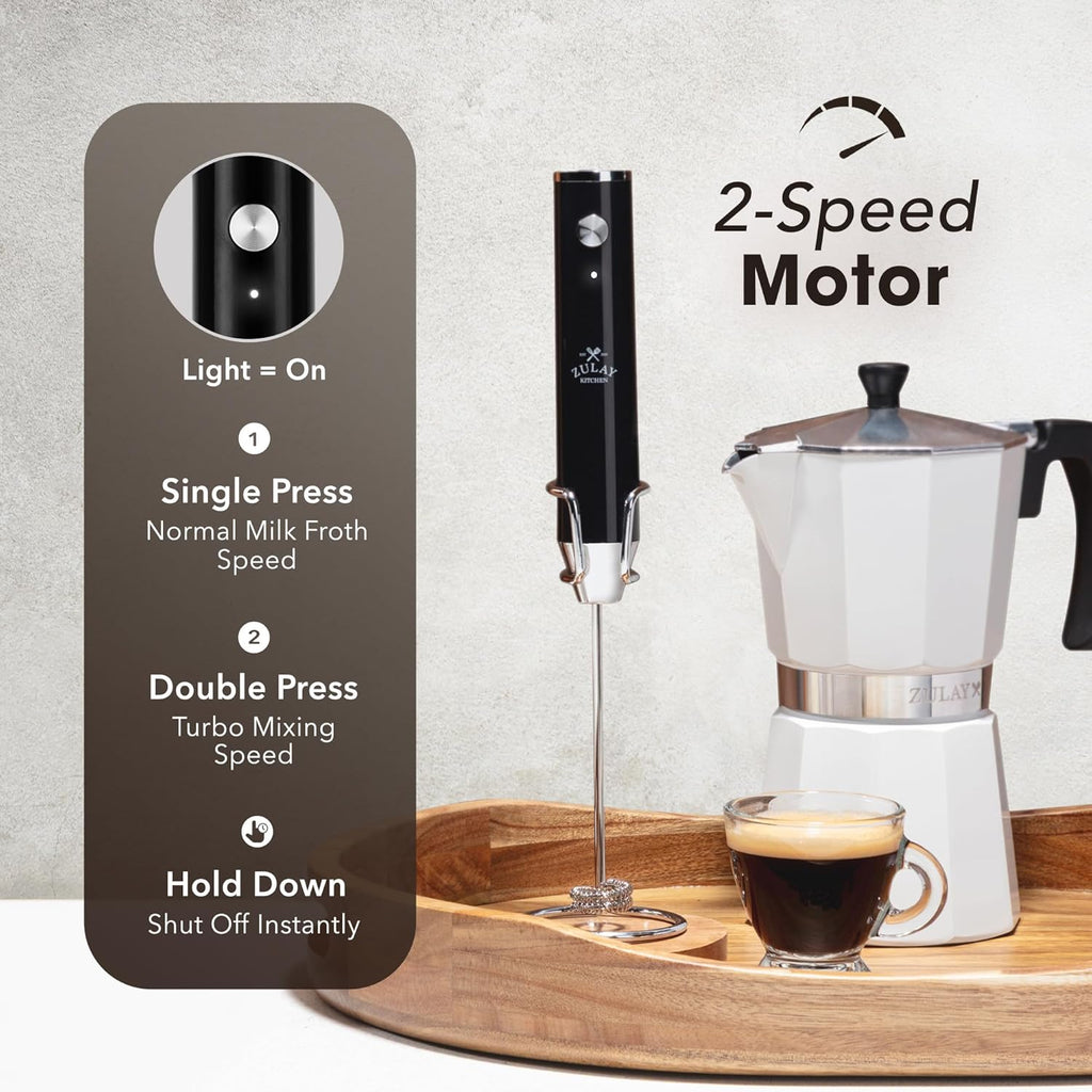 Zulay Kitchen Rechargeable Milk Frother Handheld - Lux 4 Whisks, Powerful 2-Speed Motor, Waterproof, 2000mAh Battery - Drink Mixer for Latte, Cappuccino, Matcha & Protein Powder - Jet Black