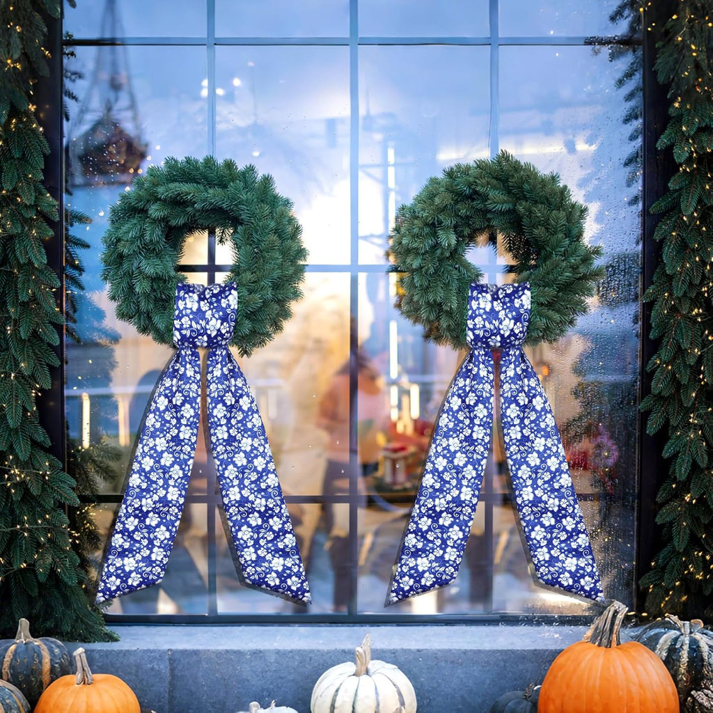 Skiennix Wreath Sash - Reversible Chinoiserie Decor for Monogram Garland | 2 Pcs Blue Style for Indoor/Outdoor Use