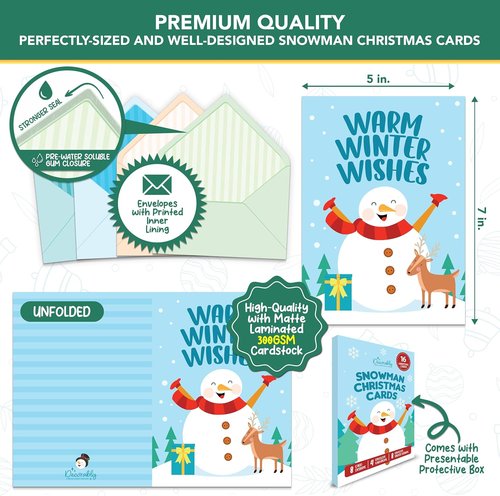 Decorably 16-Pack Snowman Kids Christmas Cards - 5x7in Holiday Designs with Envelopes & Stickers