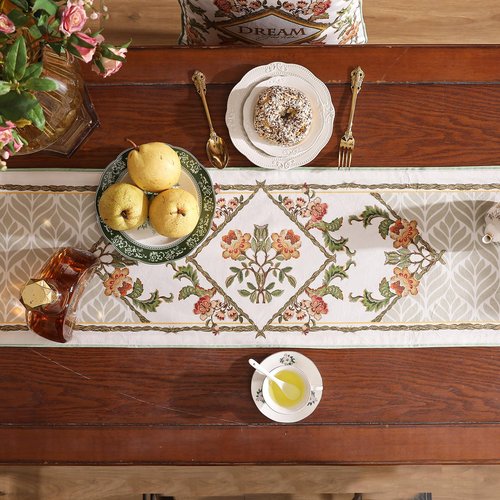 patdrea Designer French Floral Extra Long Velvet Table Runner 118 Inch Long,Green Orange Blossoms Pattern Table Mat, Decor for Kitchen Dining Coffee Table Cabinet Banquet Thanksgiving,12"*118"