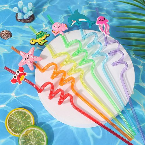12 Pcs Reusable Ocean Animal Straws, Sea Animal Plastic Straws, Sea Creature Twisted Straw for Summer Under the Sea Party Supplies, Ocean-themed Party Decorations, Ocean Birthday Gifts (Sea Animals)