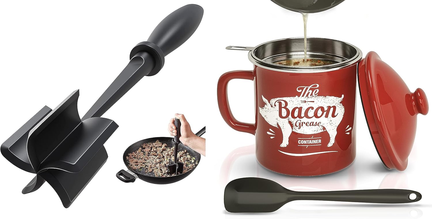 Skiennix Meat Chopper - Efficient Black Design with 46OZ Red Bacon Grease Container