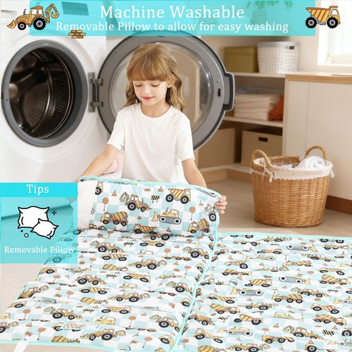 Toddler Nap Mat for Preschool 50''x30'' Sleeping Mat with Removable Pillow and Minky Blanket for Kids Ages 3-7 Roll Up Soft Sleeping Bag for Boys Girls Kindergarten Daycare Sleepover - Excavator