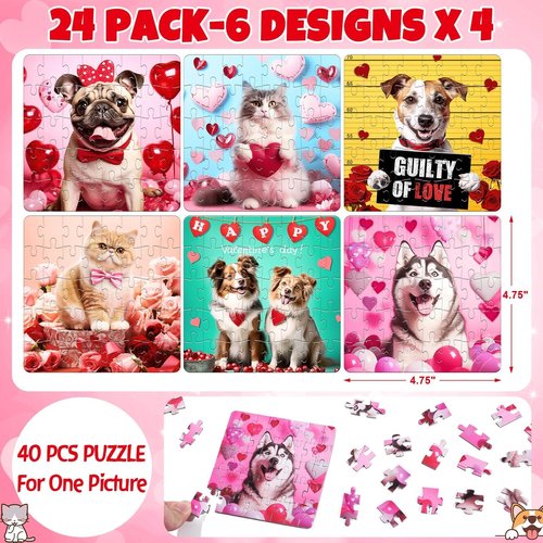 24PCS Kids Easter Basket Stuffers with Cat & Dog Jigsaw Puzzles Toys, Easter Gifts Egg Fillers Party Favors for Kids 4-8 8-12 Goodie Bag Stuffer Classroom Treasure Box Toys Prizes Bulk for Boys Girls