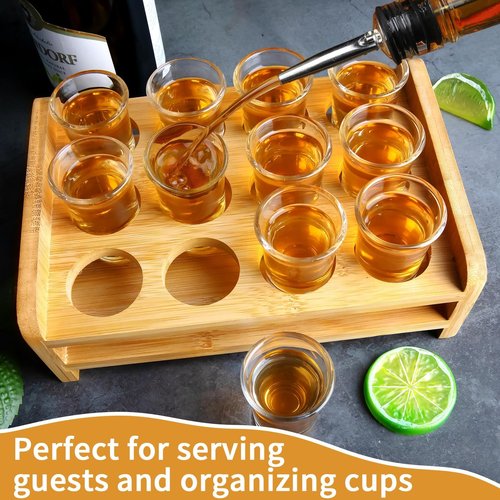 Supwinnet Shot Glasses Set of 12 Tray Serving Holder 1oz/30ml Bulk Glass Cups Thick Base with Stand Organizer for Tequila Party Club Bar Home Restaurant Kitchen Glassware Spirit Tasting Gift