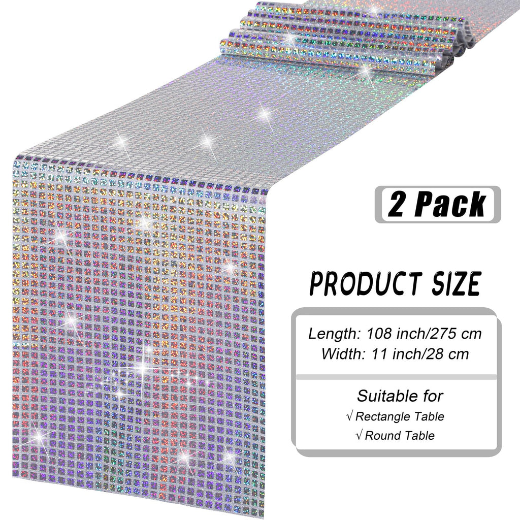 Durony 2 Pack Disco Table Runner 11 x 108 Inch Mirror Silver Laser Glitter Foil Cover With Sparkle Sequin for Bachelorette, 70s, Cowgirl Party Decorations