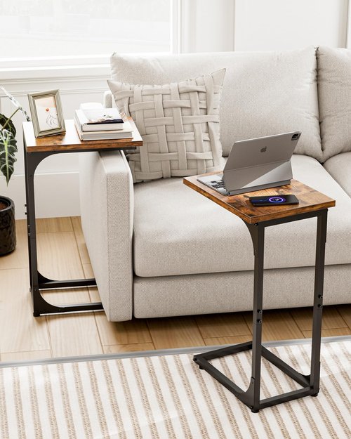 RISWER C-Shaped Side Table for Couch - Small Coffee Stand Sofa Tray Desk with Metal Frame and Waterproof Scratch Resistant, Modern End Accent for Living Room, Bedroom, Small Spaces, Rustic Brown