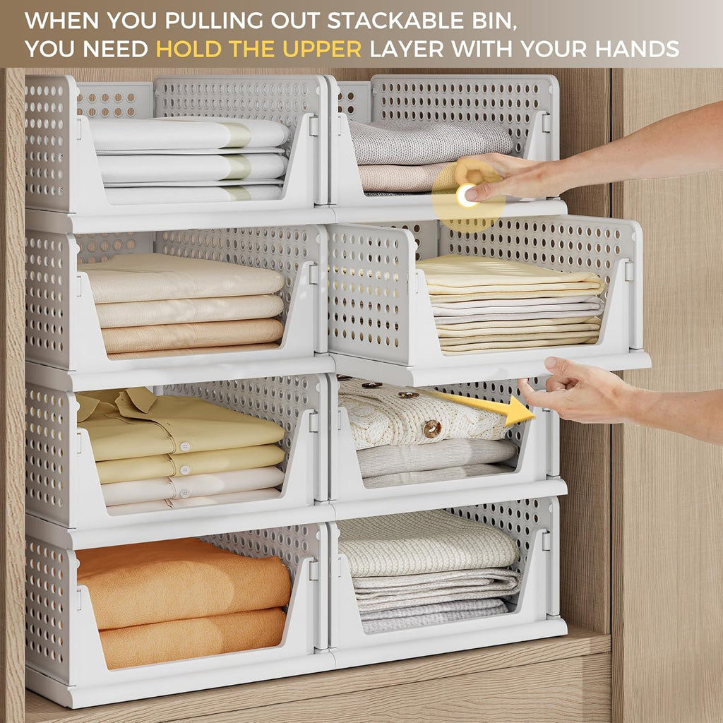 Pinkpum 8-Pack Closet Organizers - Stackable Plastic Storage Bins for Wardrobe & Kitchen | White