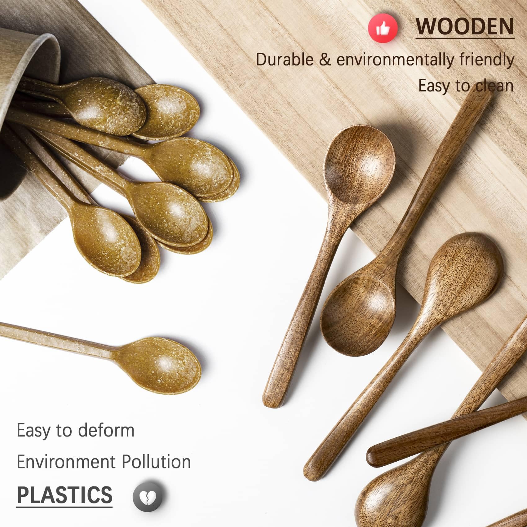 Hefild 7 PCS Wooden Spoons for Eating, 7 inch Wooden Honey Spoons for Tea, Wood Teaspoons for Stirring Coffee, Acacia Wood Table Spoon for Cooking, Small Serving Spoon for Soup, Desserts & Cereal