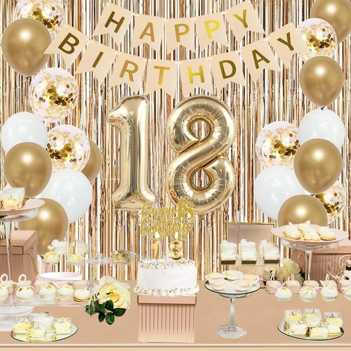 Trgowaul Happy 18th Birthday Decorations for Girls, Banner, Sash and Crown, Cake Topper, 18 Number Balloon, Fringe Curtains, Champagne Gold 18th Birthday Party Supplies