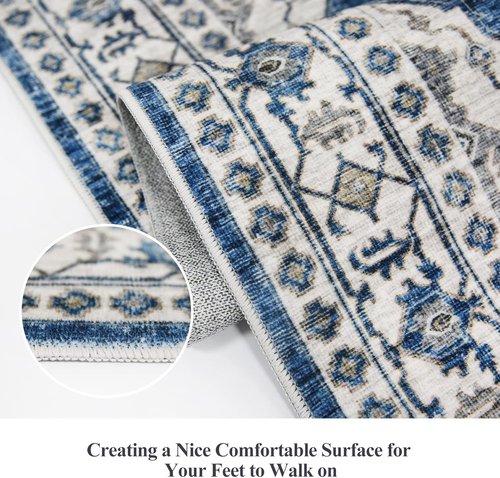 Hallway Washable Runner Rug - Vintage Soft Non-Slip 2x7 Entryway Floor Mat | Blue