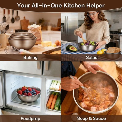 Gronivex 3-Piece Stainless Steel Mixing Bowls Set with Laser-Etched Measurement Marks, 2.4, 3.2 & 4.9 Qt, Food Grade 304, Dishwasher Safe & Stackable for Baking, Salad Tossing, Meal Prep