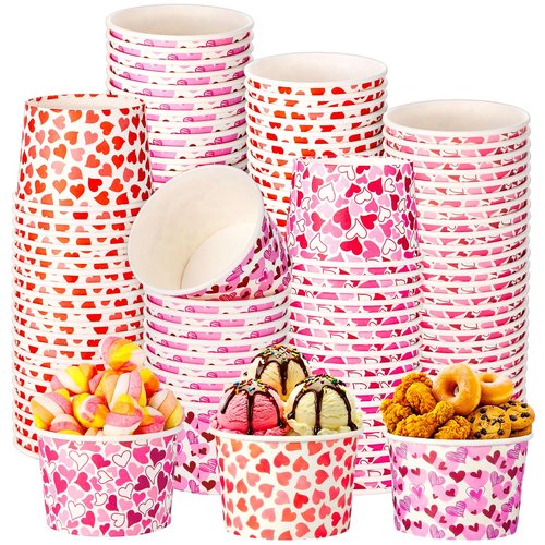 Newtay 120 Pieces Valentine's Day Heart Treat Snack Cups 8oz Disposable Paper Galentine Heart Paper Bowls Ice Cream Snack Bowls for Food Soup Hot Cold Drink