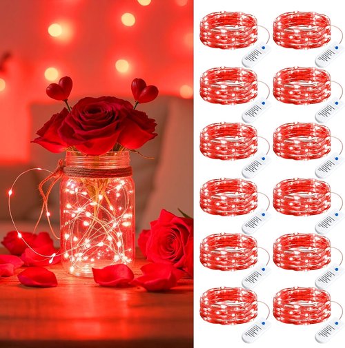 Minetom 12 Pack Red Christmas Lights - 7ft Battery Operated Fairy Lights | Waterproof Twinkle Lights for Valentine's Day