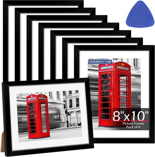 HOMERHYME 8x10 Picture Frame Set of 8 - Black Photo Frames for Tabletop or Wall Display | Fits 5x7 with Mat or 8x10 Without