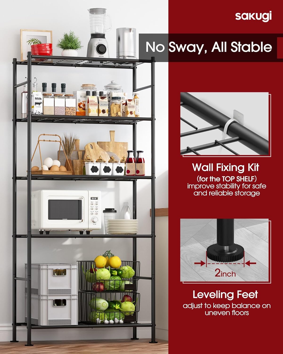 Sakugi Storage Shelves - Heavy Duty 5-Tier Shelf Organizer for Garage, Kitchen & Pantry | 33" W x 12.6" D x 72" H, Black