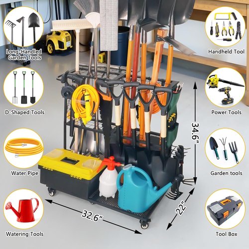 Garden Tool Organizer | Heavy-Duty Storage with Wheels - Large Holder for Lawn, Patio, Shed